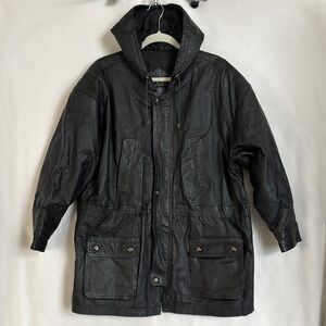 D.A.N.Y. New York Women Sz XL 100% Leather Black Hooded Jacket lined pockets